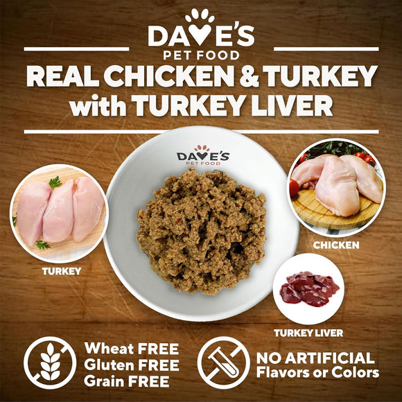 Dave's Pet Food product with ingredients on a wooden background