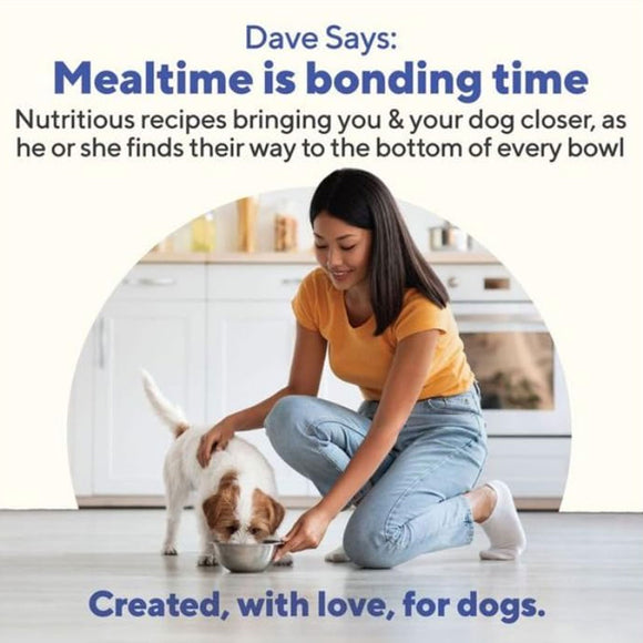 Woman in yellow shirt and blue jeans feeding a dog from a bowl on a kitchen floor.