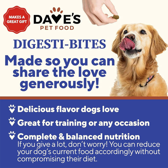 Advertisement for Dave's Pet Food Digesti-Bites with a dog and text about the product.