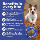 Dog running outdoors with a blue background and text about dog food benefits.