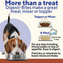 Dog eating from a bowl with text about Digesti-Bites being a great meal, mixer, or topper for dogs.