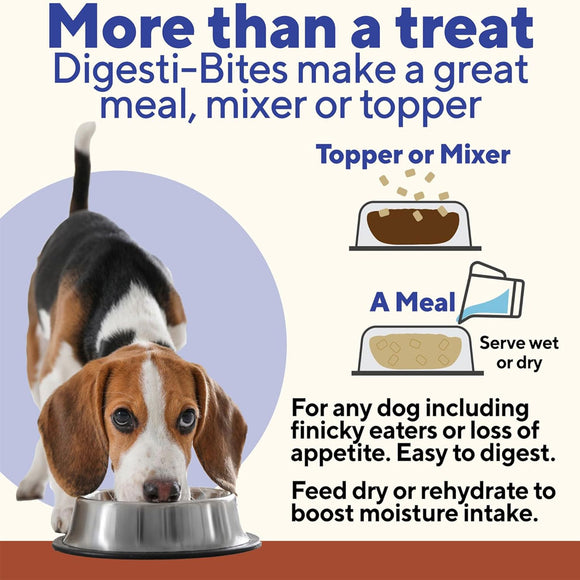 Dog eating from a bowl with text about Digesti-Bites being a great meal, mixer, or topper for dogs.