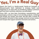 Man wearing a cap and glasses with text about Dave's Pet Food on a white background