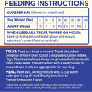 Feeding instructions for a pet food product on a blue background