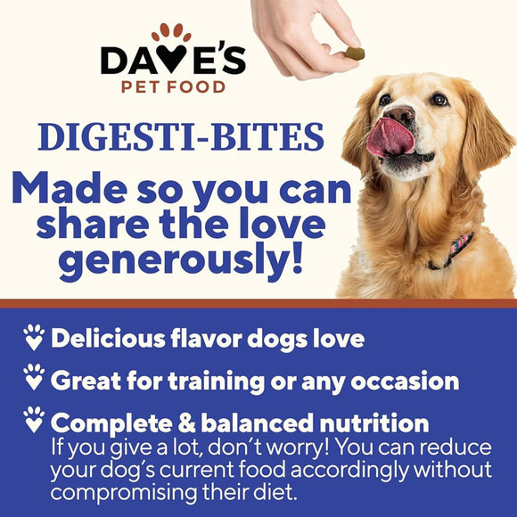 Advertisement for Dave's Pet Food Digesti-Bites with a dog and a hand holding a treat.