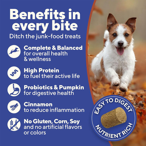 Dog running outdoors with a blue background and text about dog food benefits