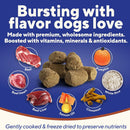 Dog food product with ingredients and text on a blue background