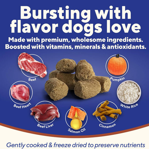 Dog food product with ingredients and text on a blue background