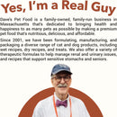 Man wearing a cap and glasses with text about Dave's Pet Food on a white background
