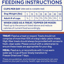 Feeding instructions for a pet food product on a blue background