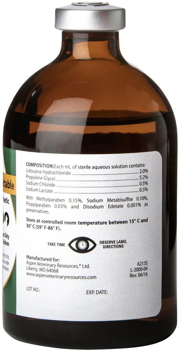 Lidocaine HCl Injectable Solution 2% for Dogs, Cats, Horses & Cattle, 100ml