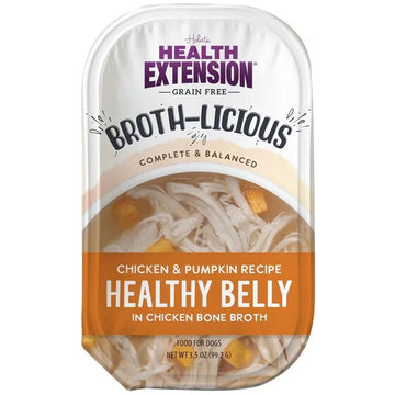Health Extension broth pouch with chicken and pumpkin recipe on a white background