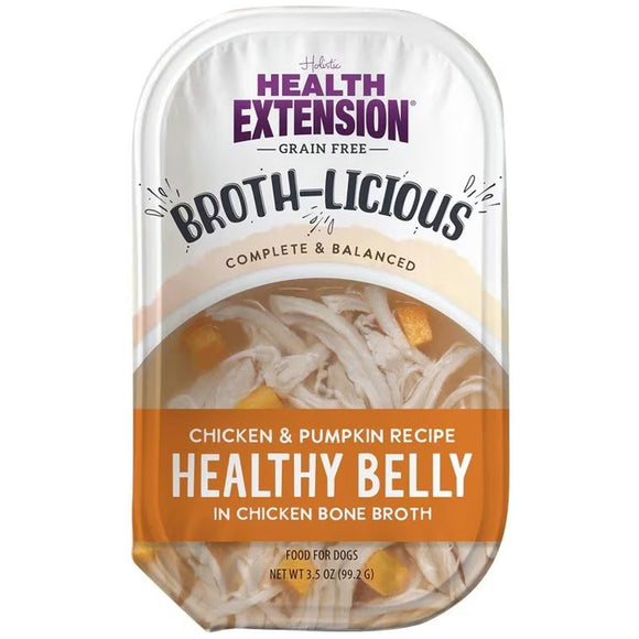 Health Extension broth pouch with chicken and pumpkin recipe on a white background