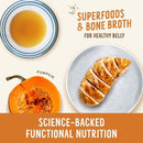 Tea, sliced chicken breast, and pumpkin on a plate with text about superfoods and bone broth.
