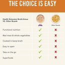 Comparison chart between Health Extension Broth-licious and other brands on a white background with an orange banner.