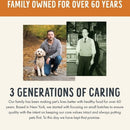 Advertisement for a pet food brand with a man and dog on the left and an older photo on the right, featuring text about family ownership and generations of caring.