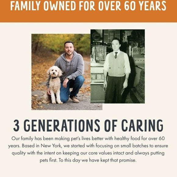 Advertisement for a pet food brand with a man and dog on the left and an older photo on the right, featuring text about family ownership and generations of caring.
