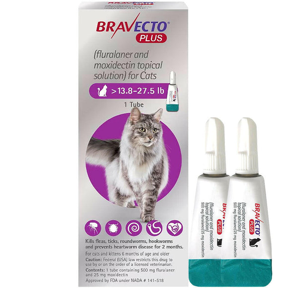 Bravecto Plus Topical Solution for Cats 13.8-27.5 lbs Pet Medicine.
