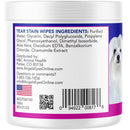 Back label of a container with ingredients list and contact information for Angels Eyes dog tear stain wipes.