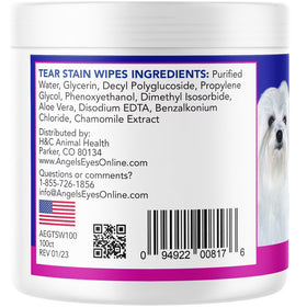 Back label of a container with ingredients list and contact information for Angels Eyes dog tear stain wipes.