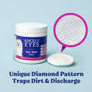 Angels' Eyes tear stain wipes with a close-up of the diamond pattern on a light blue background