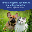 Dog and cat in grass with text about hypoallergenic eye and face cleaning solution