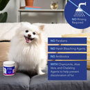 White dog sitting on a couch with a product container labeled 'Angel Eyes' and text about product benefits.