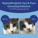 Hypoallergenic eye and face cleaning solution for pets with 'Before' and 'After' comparison on a blue background.