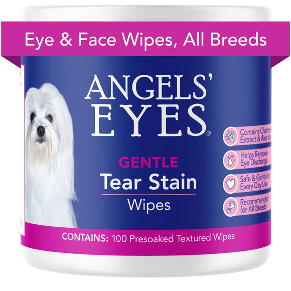 Angels' Eyes Gentle Tear Stain Wipes container with a dog on a blue background