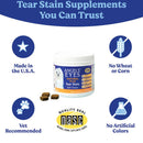 Angels' Eyes natural plus tear stain soft chews with product features listed on a white background.