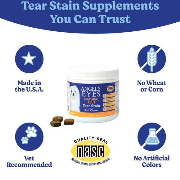 Angels' Eyes natural plus tear stain soft chews with product features listed on a white background.