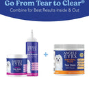 Angels' Eyes pet care products including wipes, multi-purpose eye wash, and soft chews on a white background.
