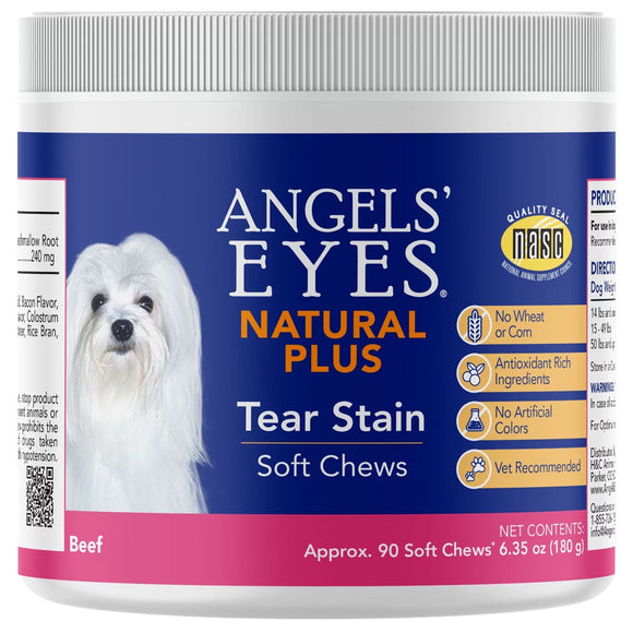 Angels' Eyes Natural Plus Tear Stain Soft Chews container with a white dog on the label.
