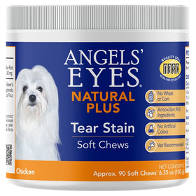 Angels' Eyes Natural Plus tear stain soft chews for dogs on a white background