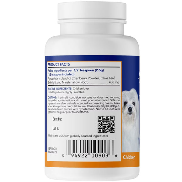 Pet supplement bottle with label showing product facts and a QR code on a white background