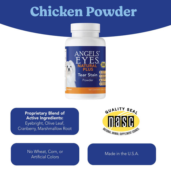 Angels' Eyes Natural Plus Chicken Powder bottle with product details on a blue and white background