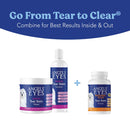 Angels' Eyes dog care products including wipes, solution, and powder on a white background with blue text.