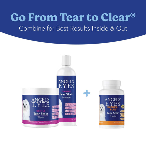 Angels' Eyes dog care products including wipes, solution, and powder on a white background with blue text.