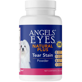 Bottle of Angels' Eyes Natural Plus Tear Stain Powder for dogs on a white background