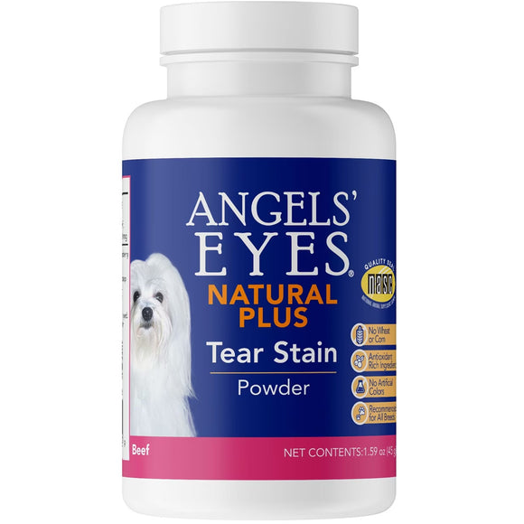 Bottle of Angels' Eyes Natural Plus Tear Stain Powder for dogs on a white background