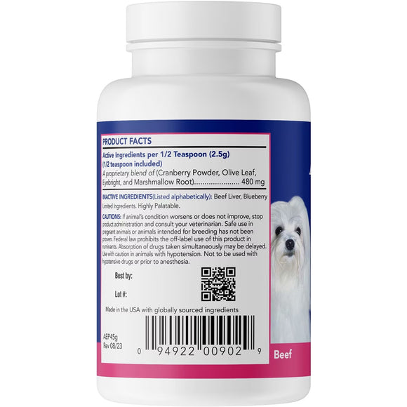Supplement bottle label with a dog illustration on a white background