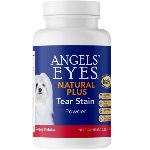 Angels' Eyes Natural Plus Tear Stain Powder bottle on a white background