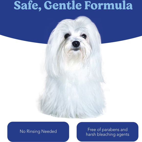 White dog with text about a safe, gentle formula on a blue and white background