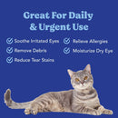 Cat with text highlighting eye care product benefits on a blue background