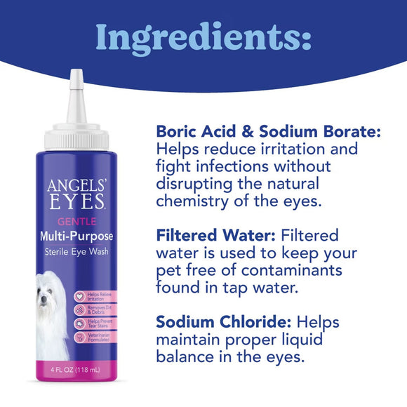 Angels' Eyes multi-purpose eye wash bottle with ingredients listed on a blue and white background