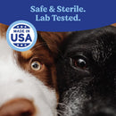 Two dogs with a 'Made in USA' label and text about safety and sterility.