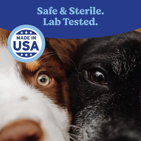 Two dogs with a 'Made in USA' label and text about safety and sterility.