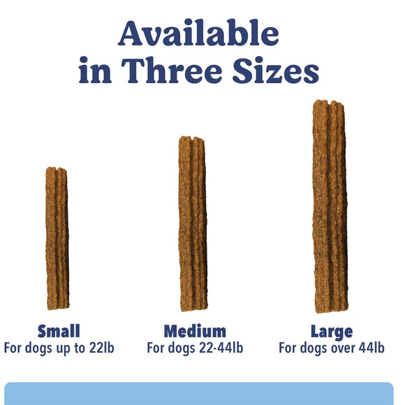 Dog chew sticks with size chart for dogs on a white background