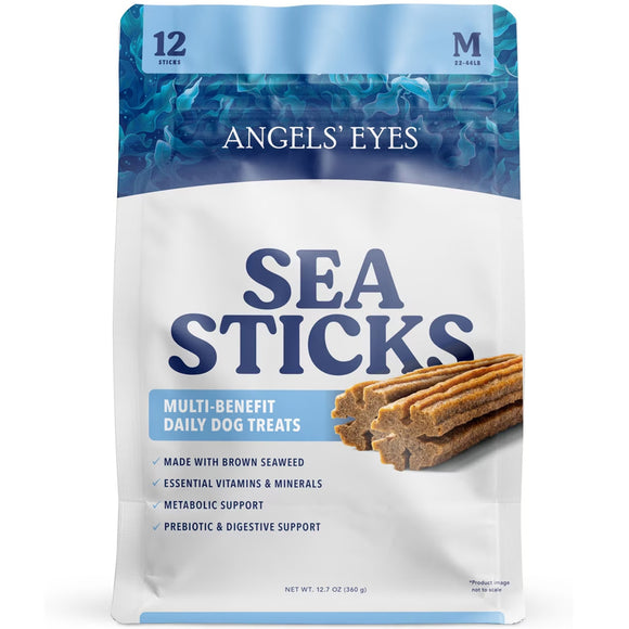 Packaging of Angels' Eyes Sea Sticks dog treats on a white background