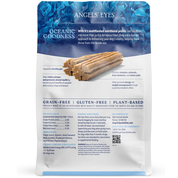 Package of Angels' Eyes Oceanic Goodness dog treats with text and branding.